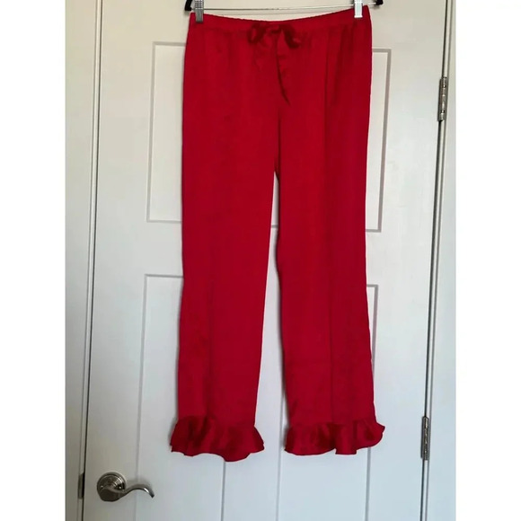 Victoria’s Secret Sz M Red Satin Pajama Set Red Holiday Ruffled Hem Pants - Picture 4 of 7